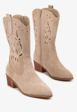 Beżowe Botki Vices na Słupku Kowbojki z Ażurową Cholewką Rivori