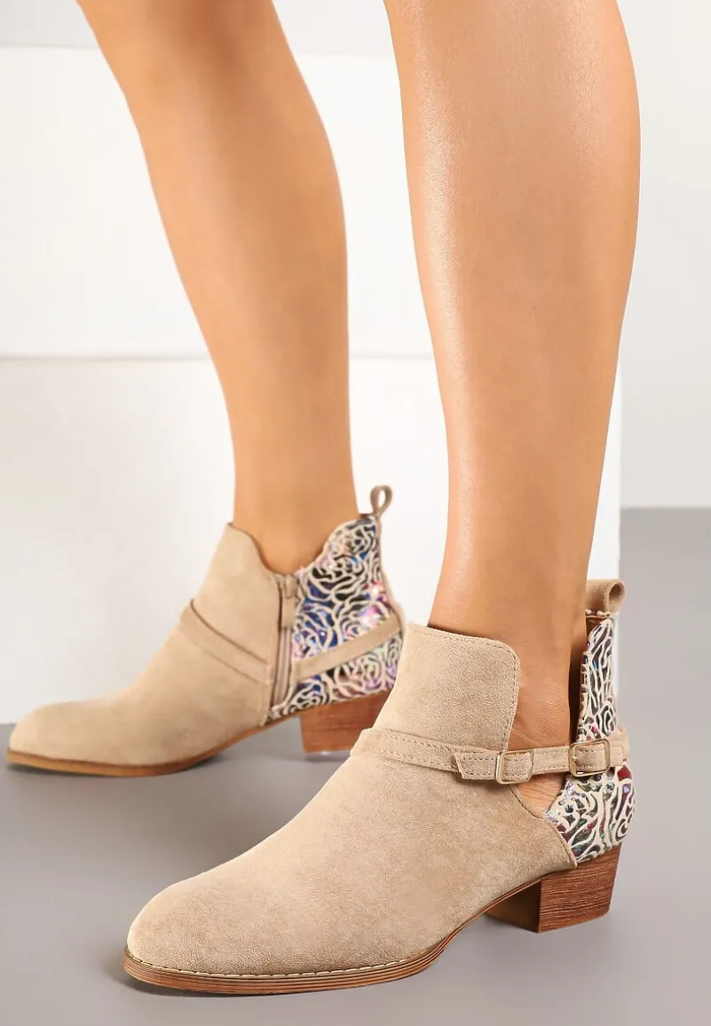 Beżowe Botki Vices na Słupku Ozdobione Kwiatami Selianor