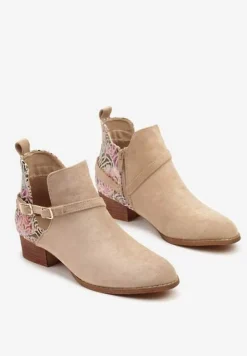 Beżowe Botki Vices na Słupku Ozdobione Kwiatami Selianor