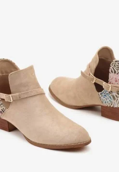 Beżowe Botki Vices na Słupku Ozdobione Kwiatami Selianor