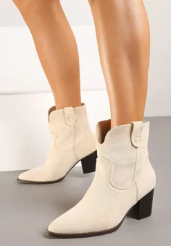 Beżowe Botki Vices w Stylu Kowbojek na Słupku Velfedi