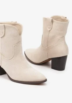 Beżowe Botki Vices w Stylu Kowbojek na Słupku Velfedi