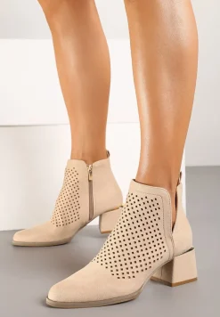 Beżowe Botki Vices z Ekozamszu z Ozdobnymi Wycięciami na Słupku z Metalicznym Detalem Naetha
