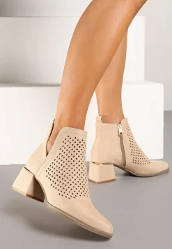 Beżowe Botki Vices z Ekozamszu z Ozdobnymi Wycięciami na Słupku z Metalicznym Detalem Naetha