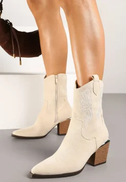 Beżowe Botki w Stylu Kowbojek Vices na Stożku Ozdobione Haftem Xalfedi