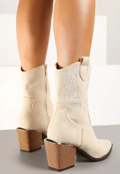 Beżowe Botki w Stylu Kowbojek Vices na Stożku Ozdobione Haftem Xalfedi