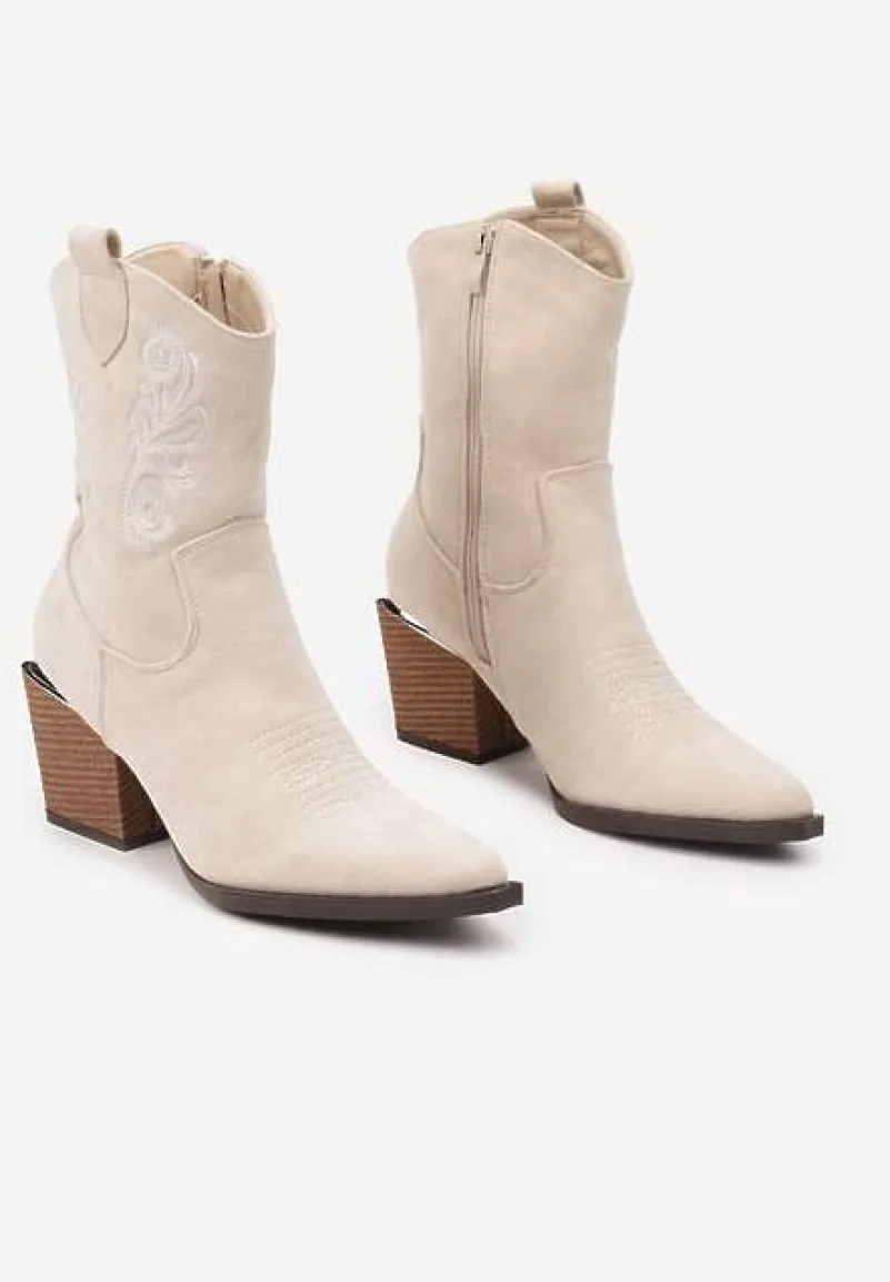 Beżowe Botki w Stylu Kowbojek Vices na Stożku Ozdobione Haftem Xalfedi