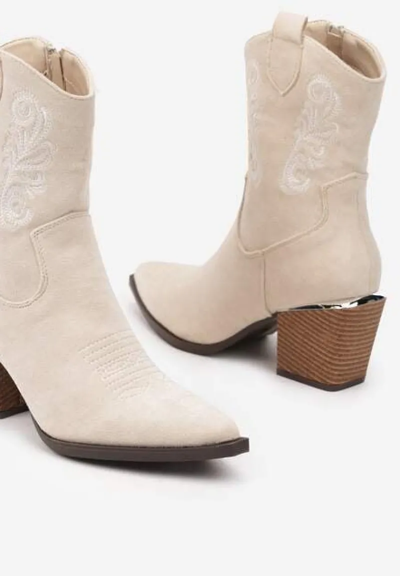 Beżowe Botki w Stylu Kowbojek Vices na Stożku Ozdobione Haftem Xalfedi