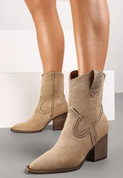 Beżowe Botki w Stylu Kowbojek z Drobnymi Cyrkoniami Marcellina