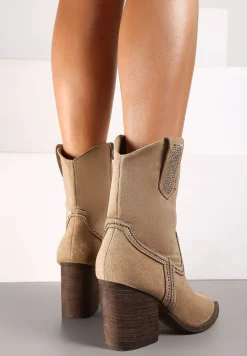 Beżowe Botki w Stylu Kowbojek z Drobnymi Cyrkoniami Marcellina