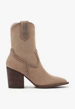 Beżowe Botki w Stylu Kowbojek z Drobnymi Cyrkoniami Marcellina