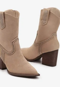 Beżowe Botki w Stylu Kowbojek z Drobnymi Cyrkoniami Marcellina