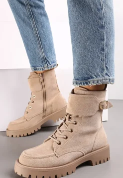 Beżowe Botki w Stylu Workerów Ozdobione Szerokim Paskiem Helestia