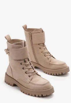 Beżowe Botki w Stylu Workerów Ozdobione Szerokim Paskiem Helestia