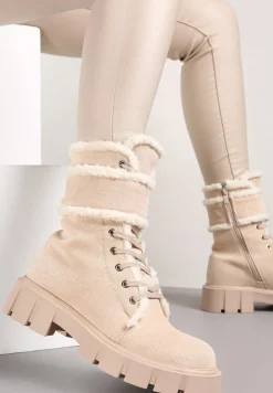 Beżowe Botki Workery na Grubej Podeszwie z Futerkiem Valiro