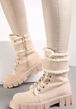 Beżowe Botki Workery na Grubej Podeszwie z Futerkiem Valiro