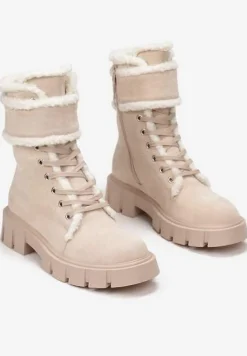 Beżowe Botki Workery na Grubej Podeszwie z Futerkiem Valiro