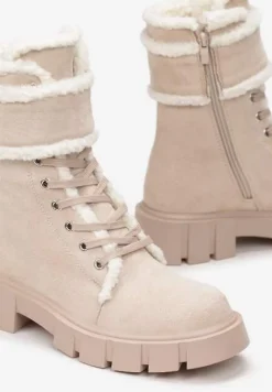 Beżowe Botki Workery na Grubej Podeszwie z Futerkiem Valiro