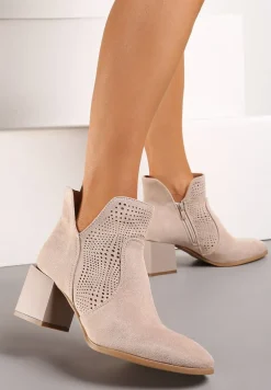 Beżowe Botki z Ażurową Cholewką ze Skórzaną Wkładką i Noskiem w Szpic Voilaria