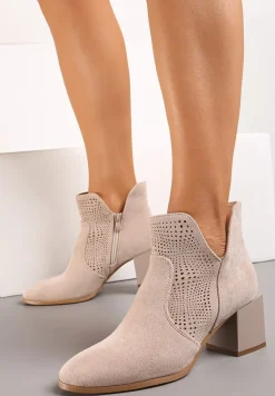 Beżowe Botki z Ażurową Cholewką ze Skórzaną Wkładką i Noskiem w Szpic Voilaria