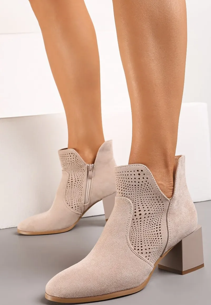 Beżowe Botki z Ażurową Cholewką ze Skórzaną Wkładką i Noskiem w Szpic Voilaria