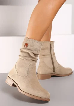 Beżowe Botki z Cholewką za Kostkę z Ozdobnymi Marszczeniami Merivinae