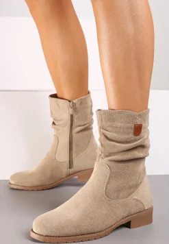 Beżowe Botki z Cholewką za Kostkę z Ozdobnymi Marszczeniami Merivinae
