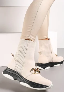 Beżowe Botki z Ekozamszu z Cholewką Typu Skarpetka i Ozdobnym Łańcuchem Debia