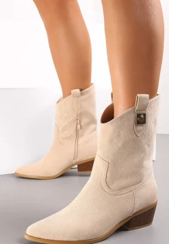 Beżowe Botki z Imitacji Zamszu na Płaskim Obcasie z Haftowaniem Davonia