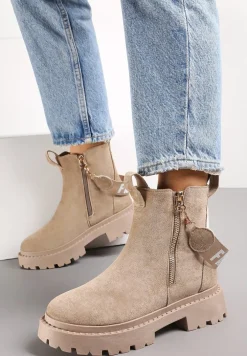 Beżowe Botki z Ozdobną Taśmą z Nadrukiem Dudrey