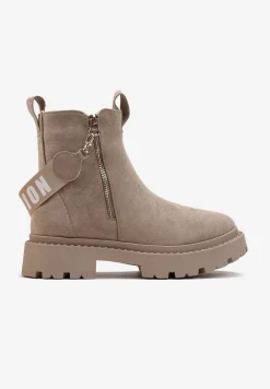 Beżowe Botki z Ozdobną Taśmą z Nadrukiem Dudrey