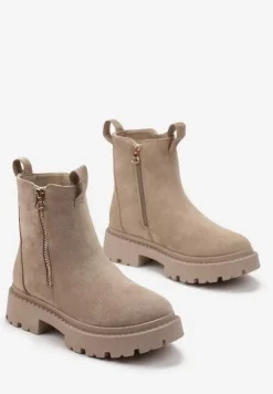 Beżowe Botki z Ozdobną Taśmą z Nadrukiem Dudrey