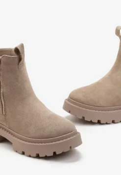 Beżowe Botki z Ozdobną Taśmą z Nadrukiem Dudrey