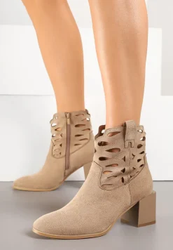 Beżowe Botki z Wycięciami na Cholewce na Kwadratowym Słupku Ahlaria
