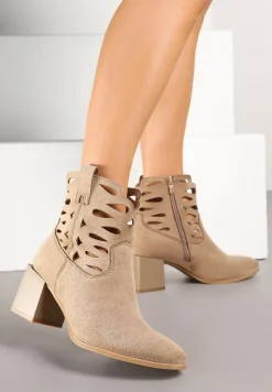 Beżowe Botki z Wycięciami na Cholewce na Kwadratowym Słupku Ahlaria