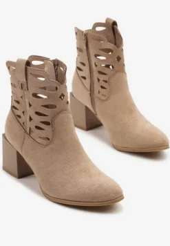 Beżowe Botki z Wycięciami na Cholewce na Kwadratowym Słupku Ahlaria