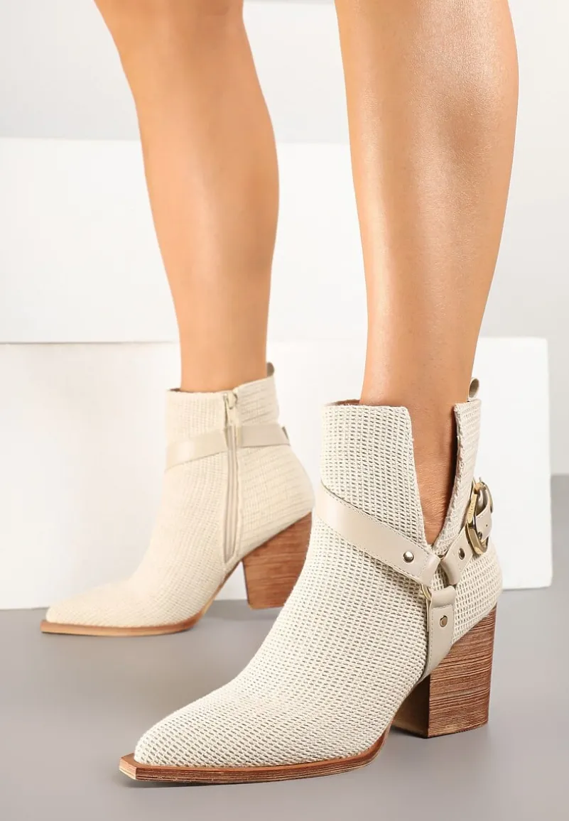 Beżowe Botki z Wycięciem i Ozdobnymi Paskami na Słupku Efathiela