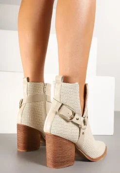 Beżowe Botki z Wycięciem i Ozdobnymi Paskami na Słupku Efathiela