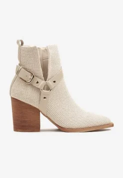 Beżowe Botki z Wycięciem i Ozdobnymi Paskami na Słupku Efathiela
