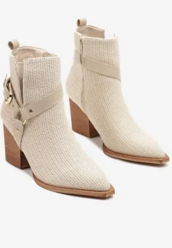 Beżowe Botki z Wycięciem i Ozdobnymi Paskami na Słupku Efathiela