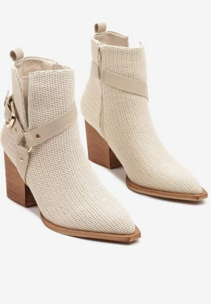 Beżowe Botki z Wycięciem i Ozdobnymi Paskami na Słupku Efathiela