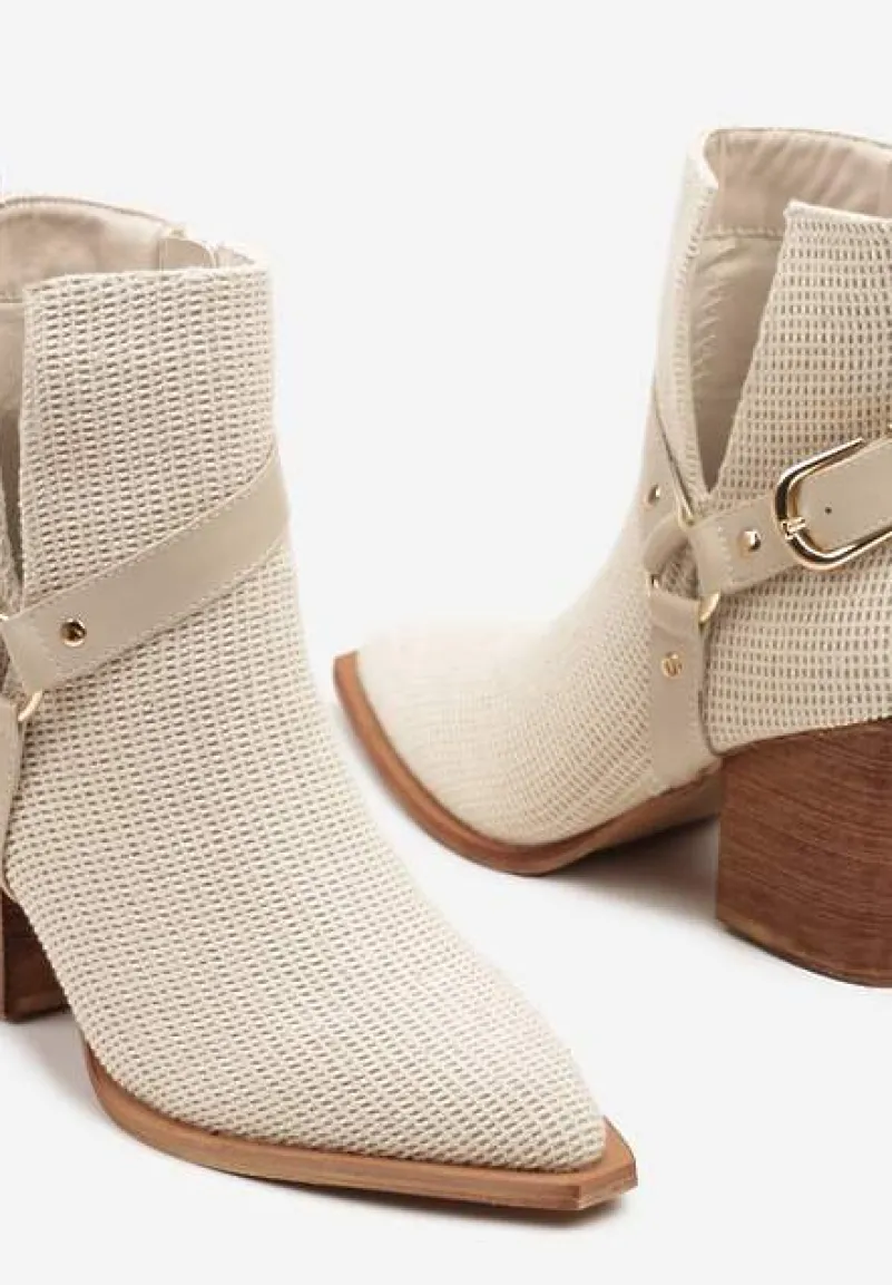 Beżowe Botki z Wycięciem i Ozdobnymi Paskami na Słupku Efathiela