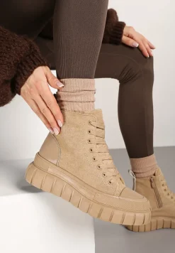 Beżowe Botki za Kostkę na Platformie Viuan