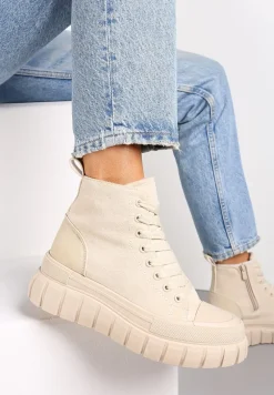 Beżowe Botki za Kostkę na Platformie Viuana