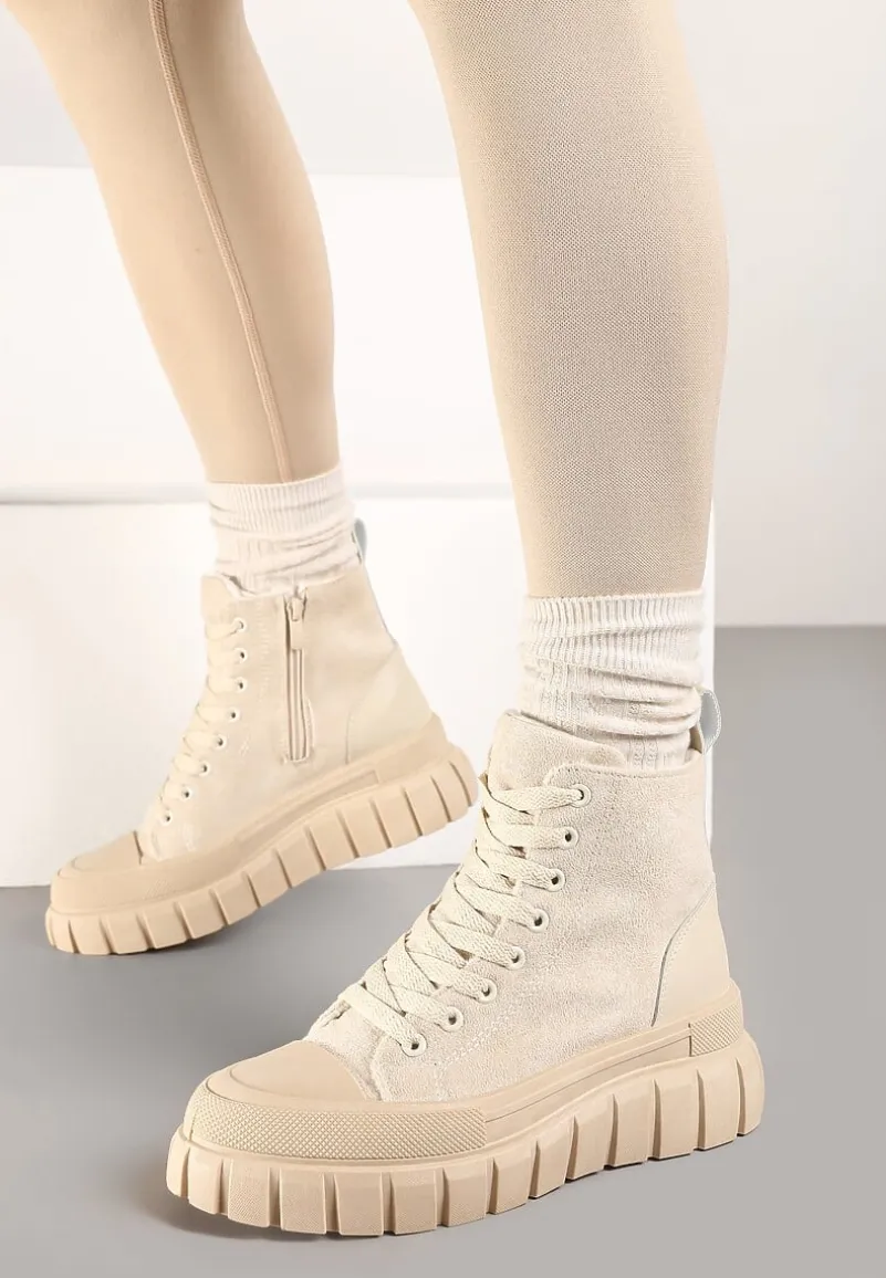 Beżowe Botki za Kostkę na Platformie Viuana