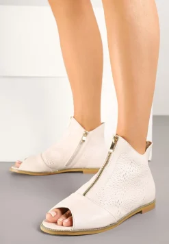 Beżowe Botki ze Skórzaną Wkładką z Tłoczoną Cholewką Lirive