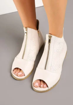 Beżowe Botki ze Skórzaną Wkładką z Tłoczoną Cholewką Lirive