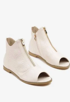 Beżowe Botki ze Skórzaną Wkładką z Tłoczoną Cholewką Lirive