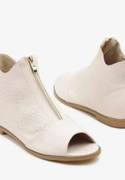 Beżowe Botki ze Skórzaną Wkładką z Tłoczoną Cholewką Lirive