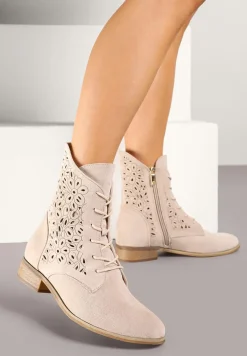 Beżowe Botki ze Skórzaną Wkładką i Ażurową Cholewką Reilene